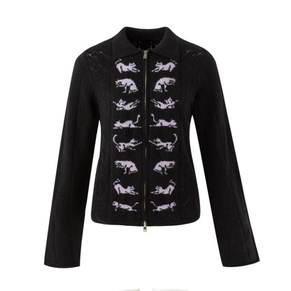 キャットジャカード カットアウトニットトップス BLACK front