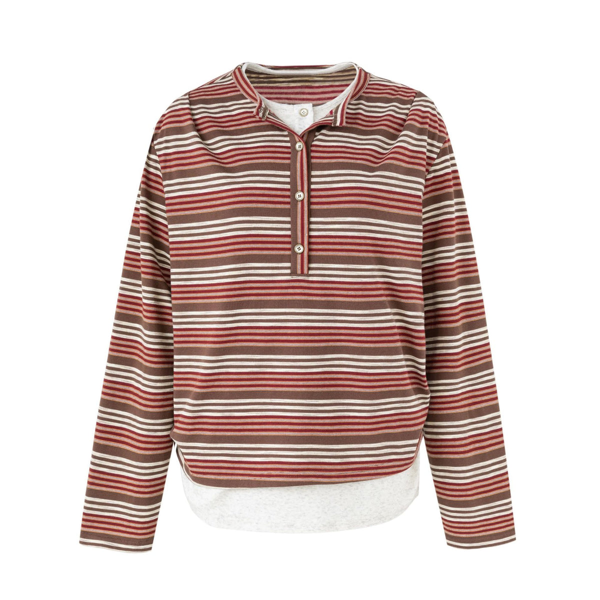 ストライプヘンリーネック レイヤードトップス BROWN RED STRIPE front