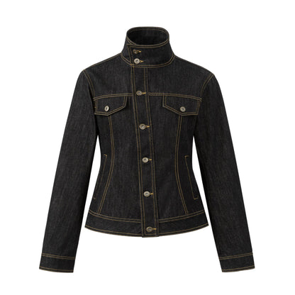 アシンメトリーステッチ ウエストシェイプデニムジャケット BLUE front