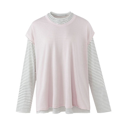 ストライプニット レイヤードツーピーストップス PINK front