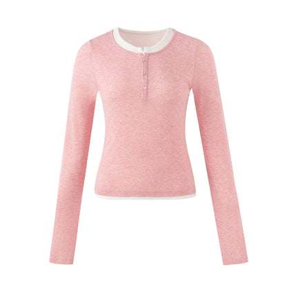 カラーブロックヘンリーネック レイヤードロングスリーブトップス PINK front