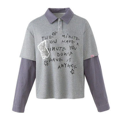 グラフィティロゴ チェックレイヤードポロトップス GREY front