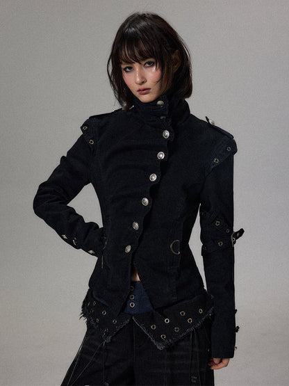 スタンドカラー 立体ショートジャケット BLACK 着用イメージ 1