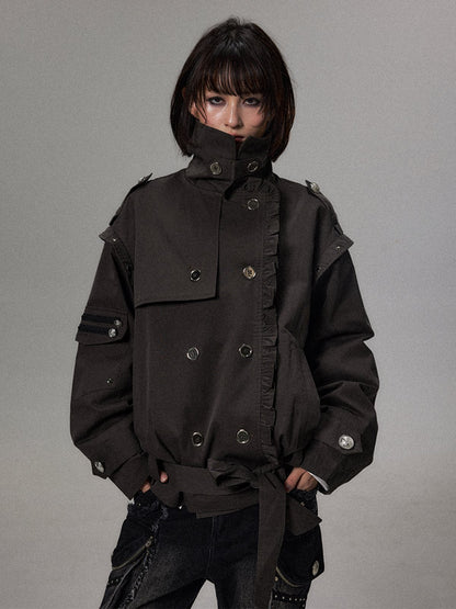 ダブルブレスト レーストレンチコート GREY 着用イメージ 1