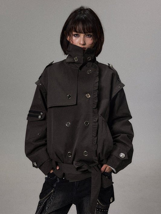 ダブルブレスト レーストレンチコート GREY 着用イメージ 1