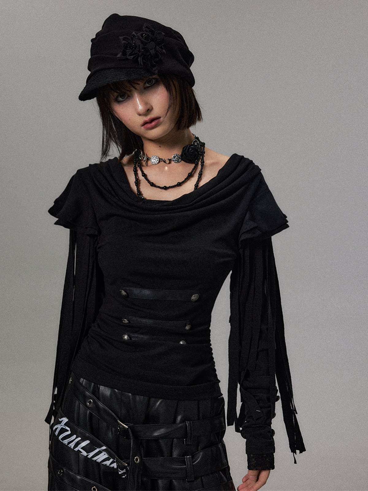 タッセルレース レイヤードニット BLACK 着用イメージ 4