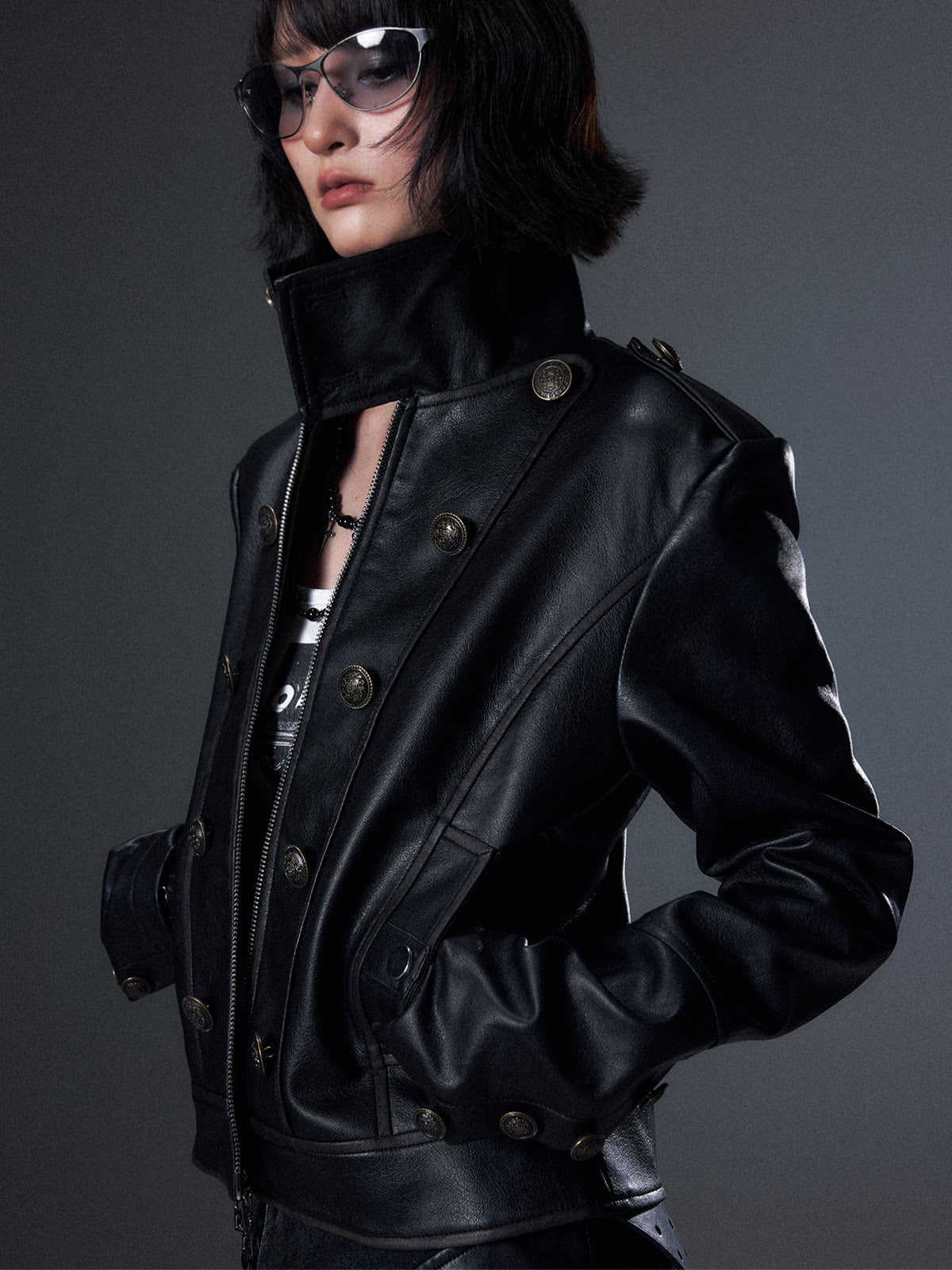 ダブルブレスト スタンドカラージャケット BLACK 着用イメージ 1