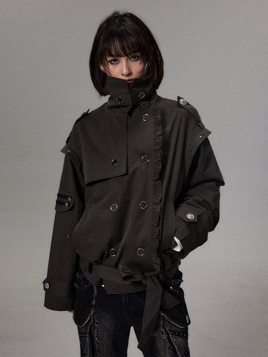 ダブルブレスト レーストレンチコート GREY 着用イメージ 2