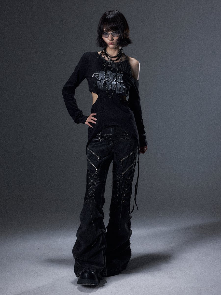 ウォッシュド ストラップデニムパンツ BLACK 着用イメージ 2