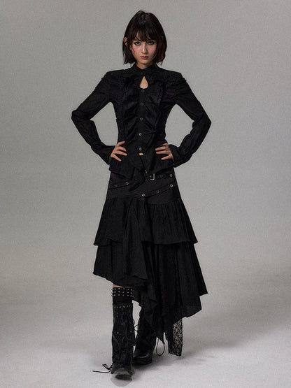アシンメトリーフリル シャツ BLACK 着用イメージ 1
