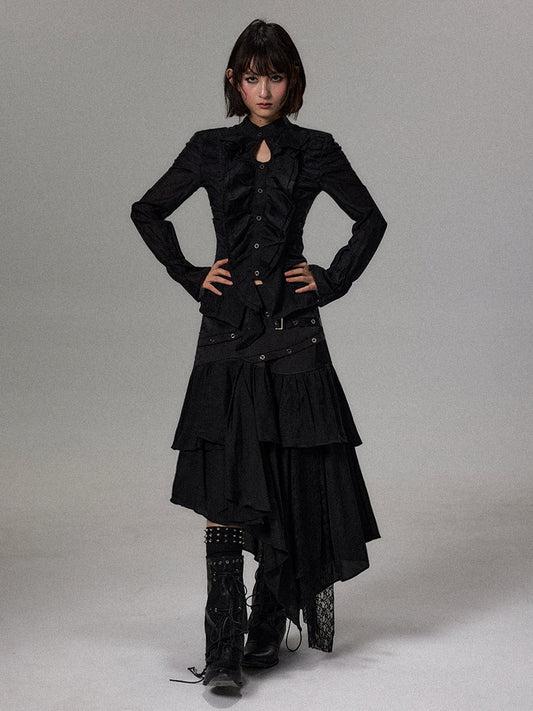 アシンメトリーフリル シャツ BLACK 着用イメージ 1