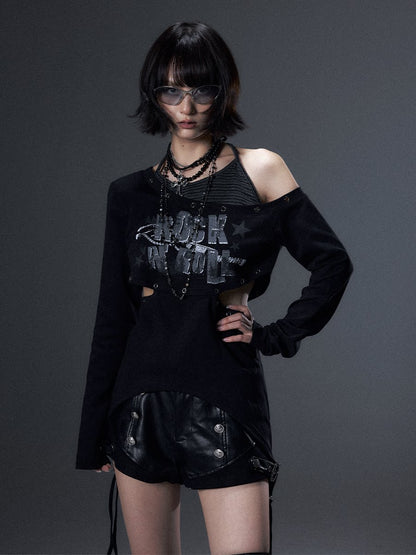 クロスプリント レイヤードロングスリーブTシャツ BLACK 着用イメージ 4