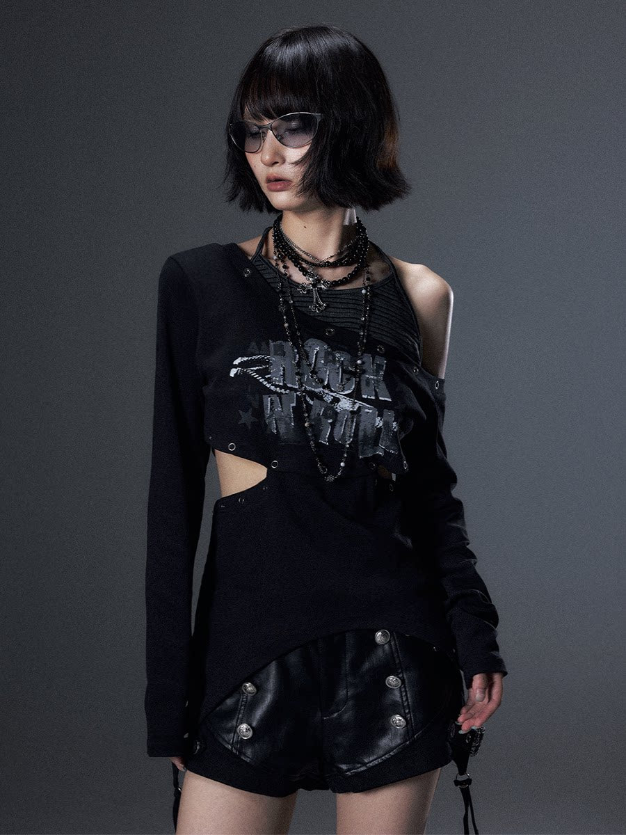 クロスプリント レイヤードロングスリーブTシャツ BLACK 着用イメージ 1