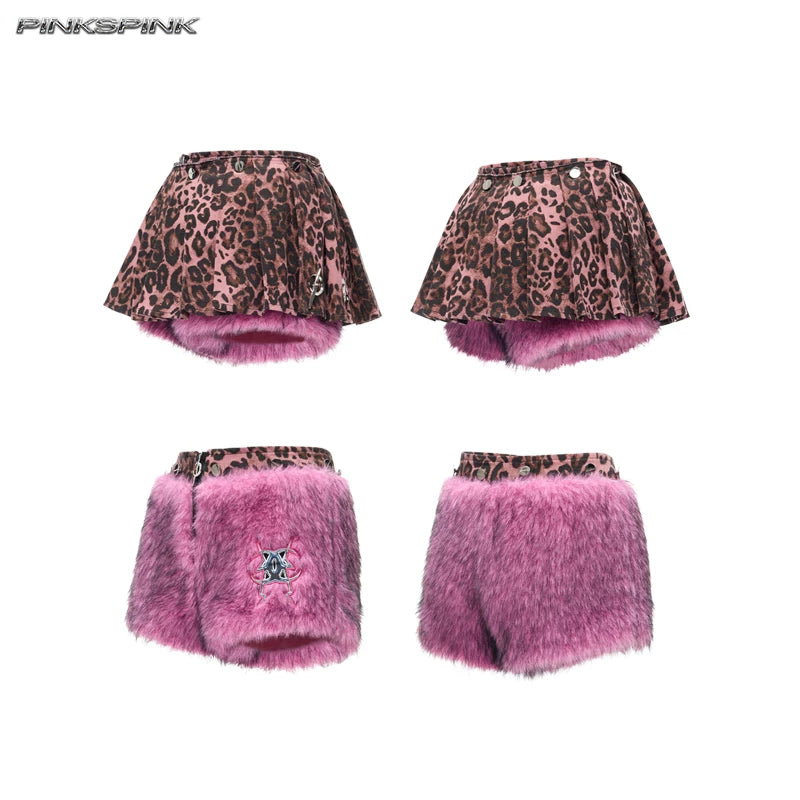 レオパードファー 2WAYミニスカートパンツ PINK LEOPARD front