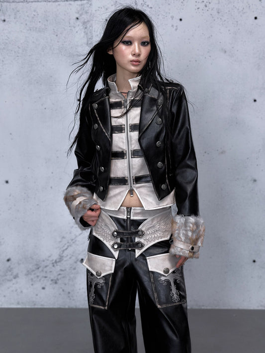 フェイクレイヤード ダメージレザージャケット WASHED BLACK front