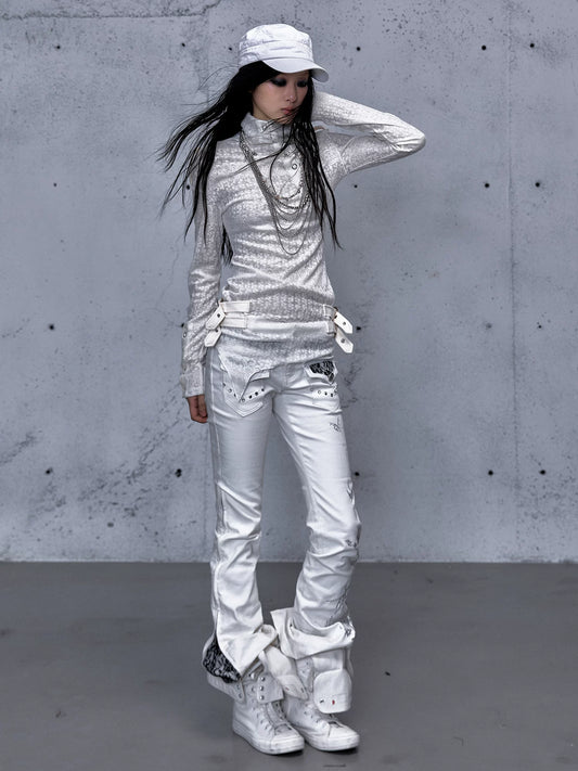 アシンメトリー ジャカードハイネックニット IVORY front