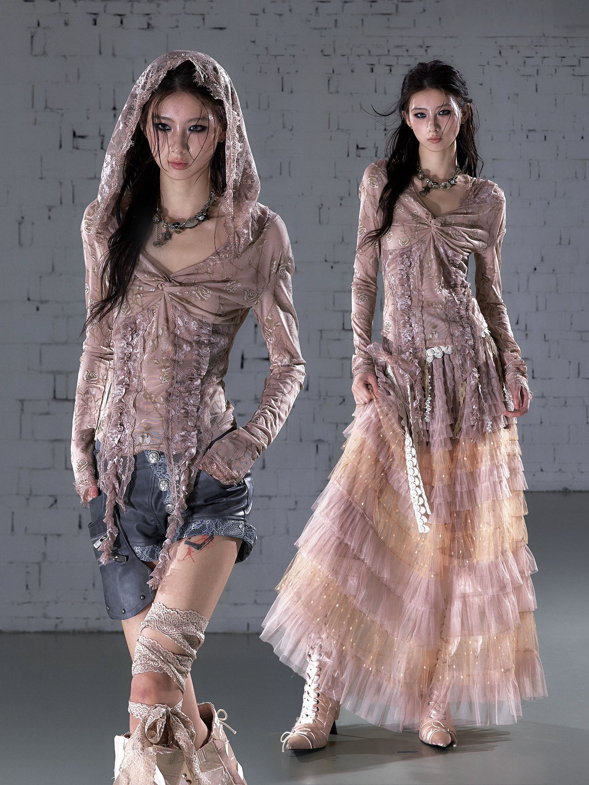 ワンショルダー レースフーデッドトップス DUSTY PINK front