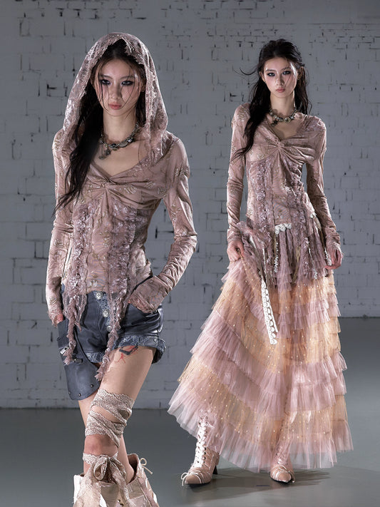 ワンショルダー レースフーデッドトップス DUSTY PINK front