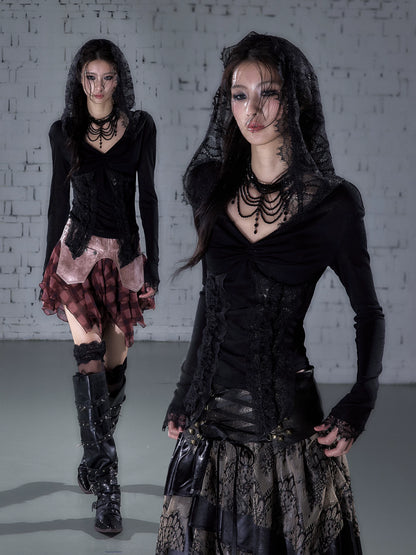 ワンショルダー レースフーデッドトップス BLACK front