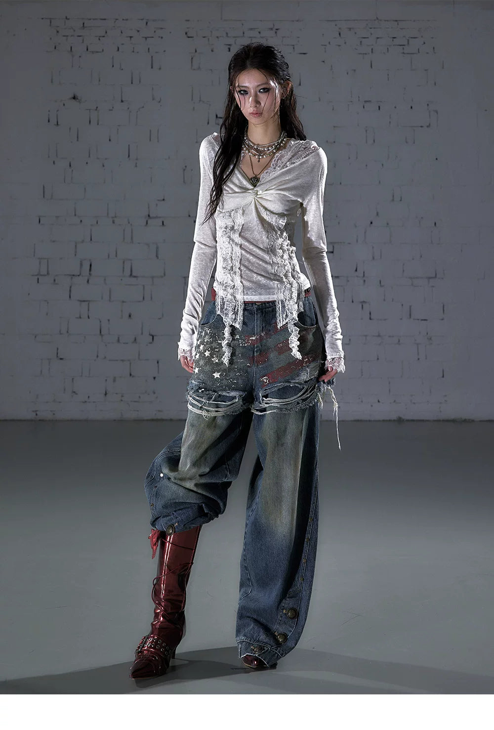 ワンショルダー レースフーデッドトップス styling 19