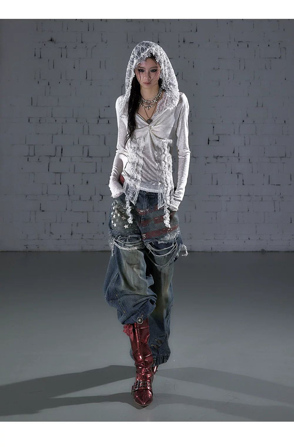 ワンショルダー レースフーデッドトップス styling 22