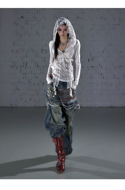 ワンショルダー レースフーデッドトップス styling 22
