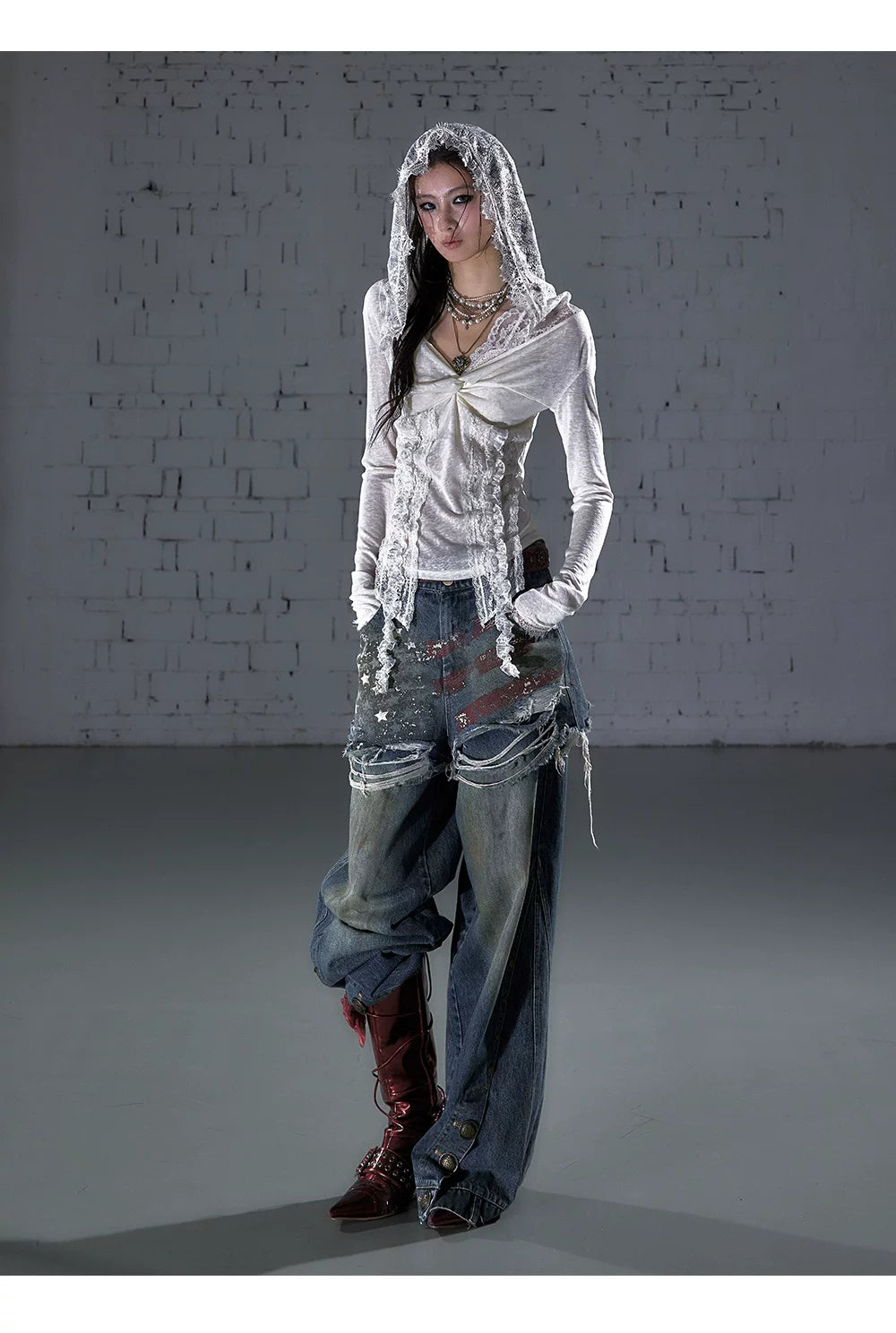 ワンショルダー レースフーデッドトップス styling 23