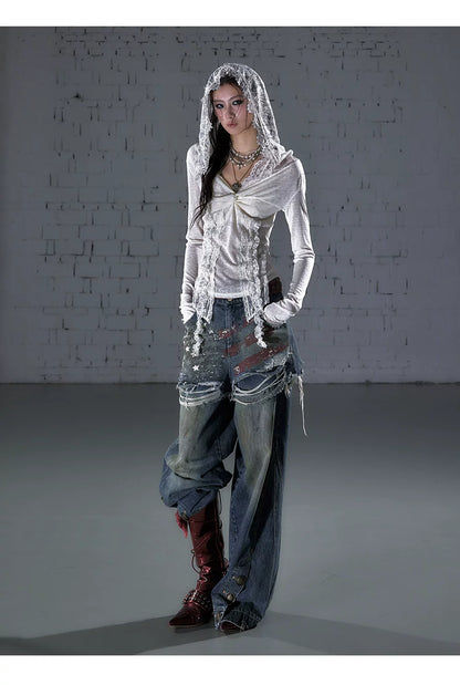 ワンショルダー レースフーデッドトップス styling 23