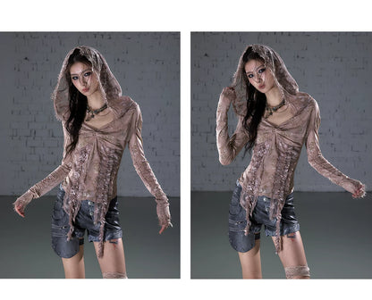 ワンショルダー レースフーデッドトップス styling 51