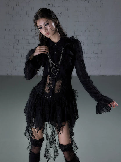 レースシフォン イレギュラーロングシャツドレス BLACK front