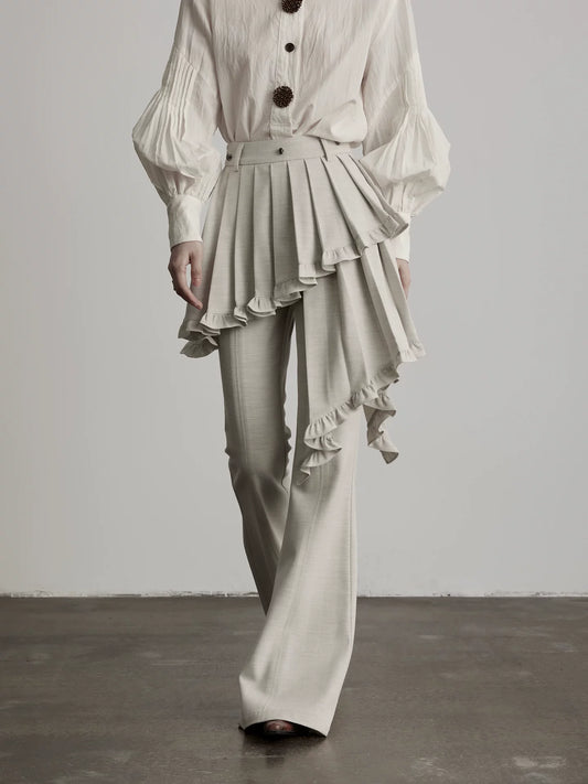 アシンメトリーレース レイヤードフレアパンツ IVORY 1