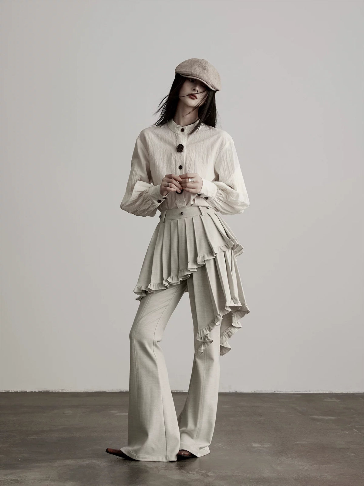 アシンメトリーレース レイヤードフレアパンツ IVORY 2