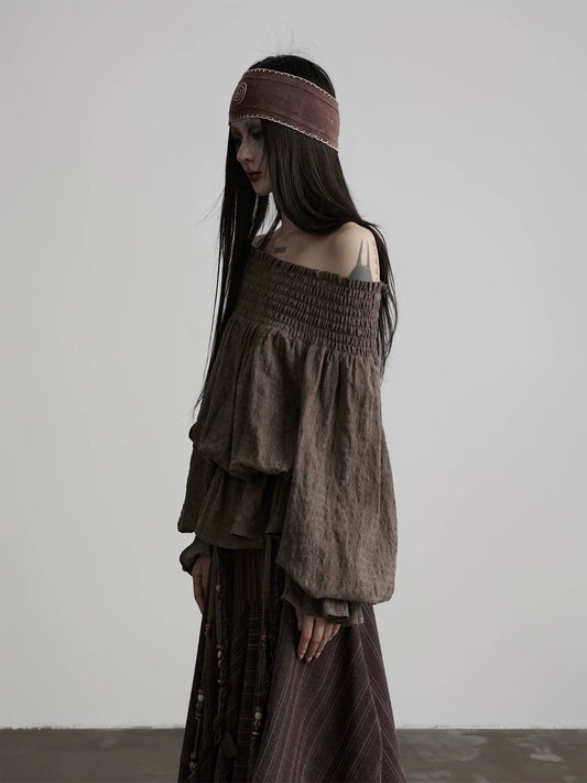ビーズドローストリング オフショルダーブラウス BROWN 1