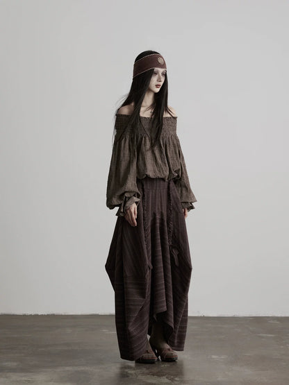 ビーズドローストリング オフショルダーブラウス BROWN 3
