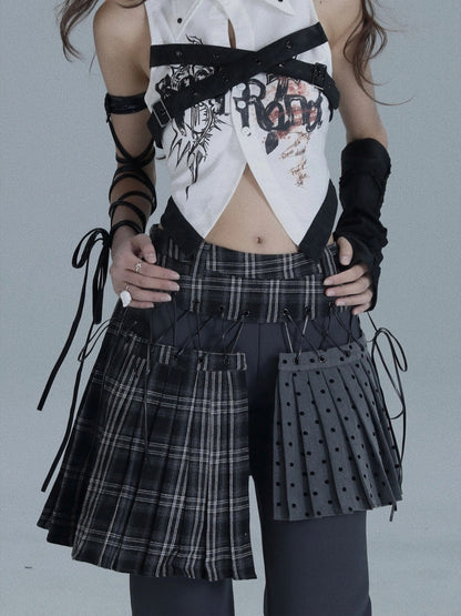 チェック×ドット レイヤードキュロットパンツ DARK GREY 1
