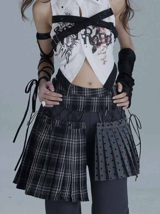 チェック×ドット レイヤードキュロットパンツ DARK GREY 1