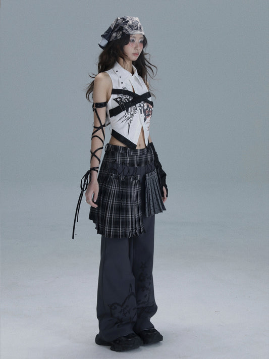チェック×ドット レイヤードキュロットパンツ DARK GREY 2