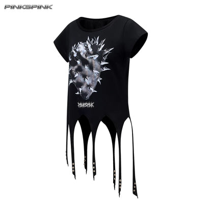 カクタスプリント アシンメトリーTシャツ BLACK front