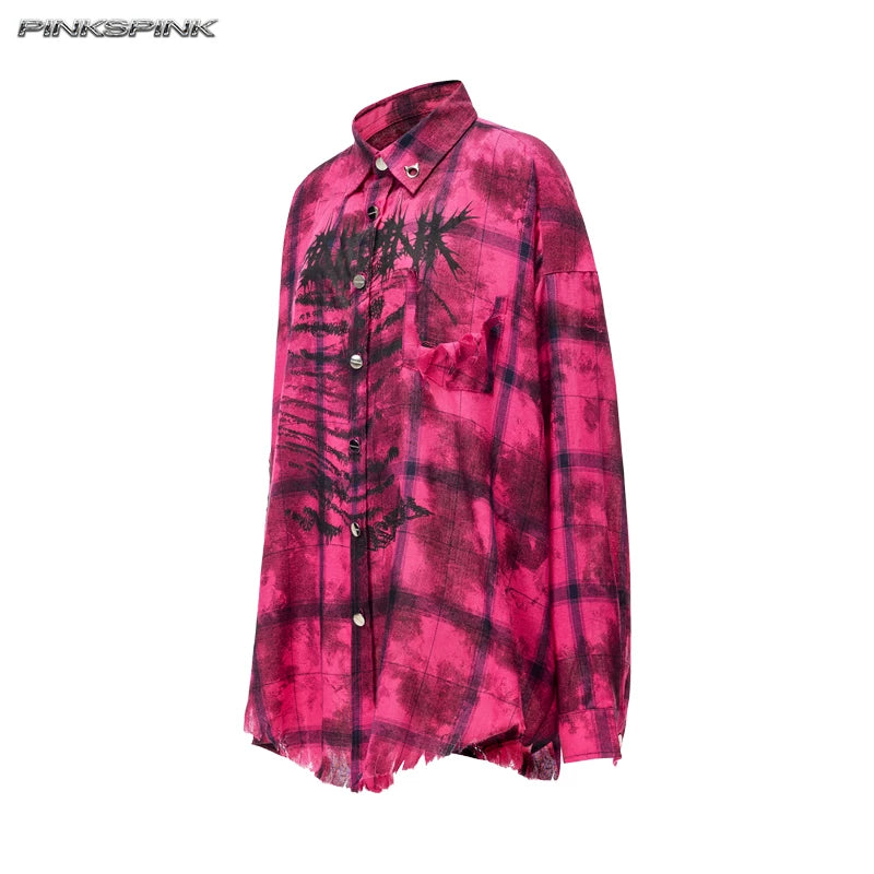 リベットダメージ チェックシャツ PINK CHECK front