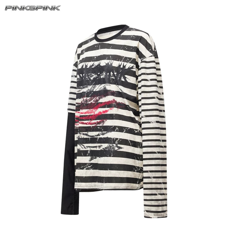 バーンフラワー ホールストライプトップス BLACK / WHITE front