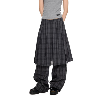 チェックプリーツスカートレイヤード パンツ BLUE GREY front