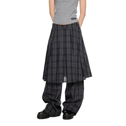 チェックプリーツスカートレイヤード パンツ BLUE GREY front