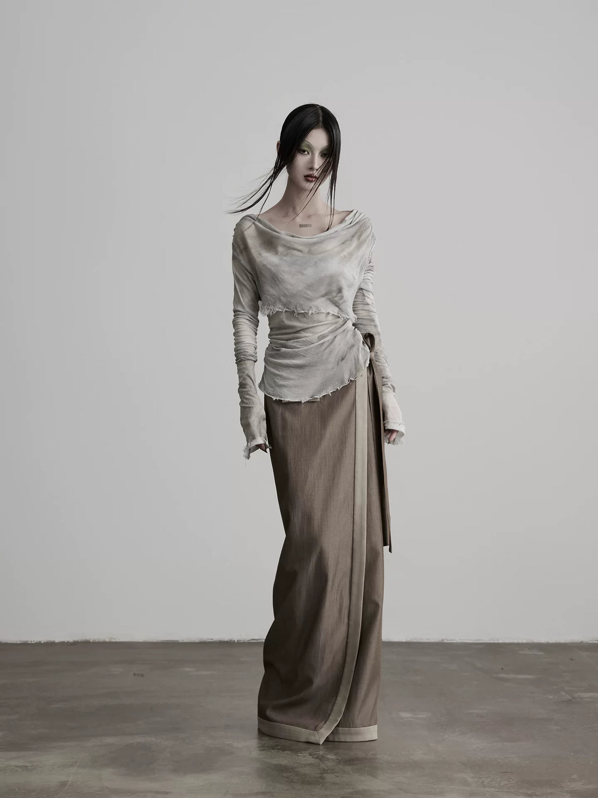 シアードレープ レイヤードロングスリーブトップス GREY 1