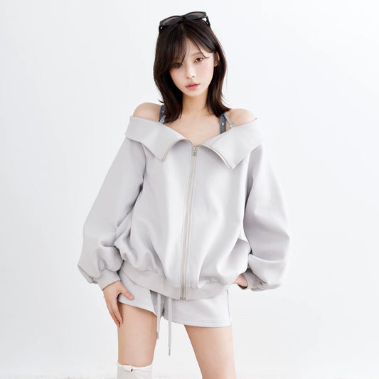 ホルターレースアップ カーディガンフーディー LIGHT GREY front