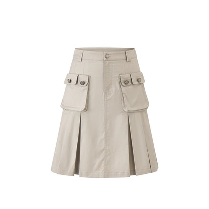ポケットハイウエスト プリーツミディスカート LIGHT GREY front