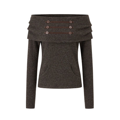 ナポレオンボタン ワンショルダーニット BROWN front