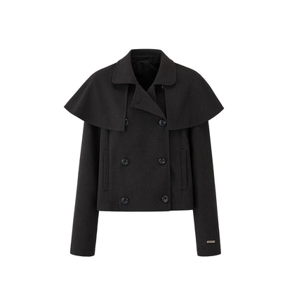 ダブルブレスト ケープショートジャケット BLACK / BROWN front