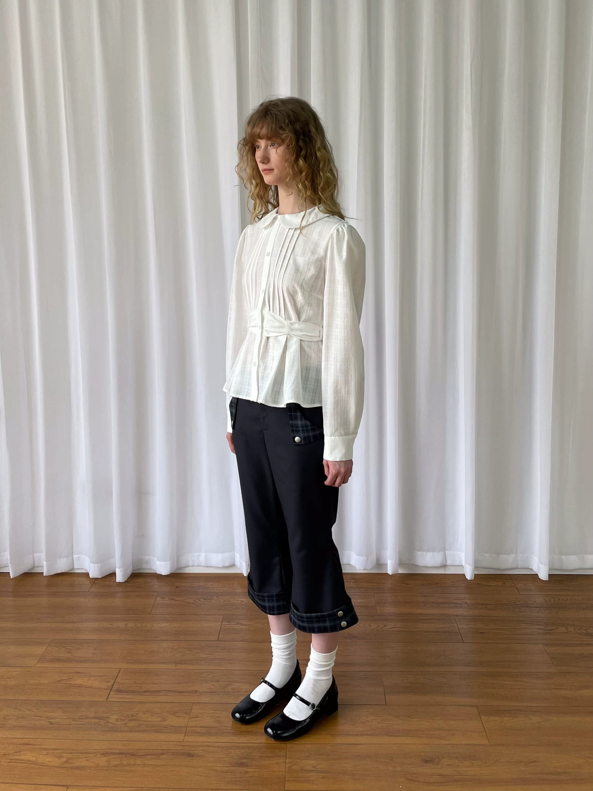 チェックカフ クロップドストレートパンツ styling 6