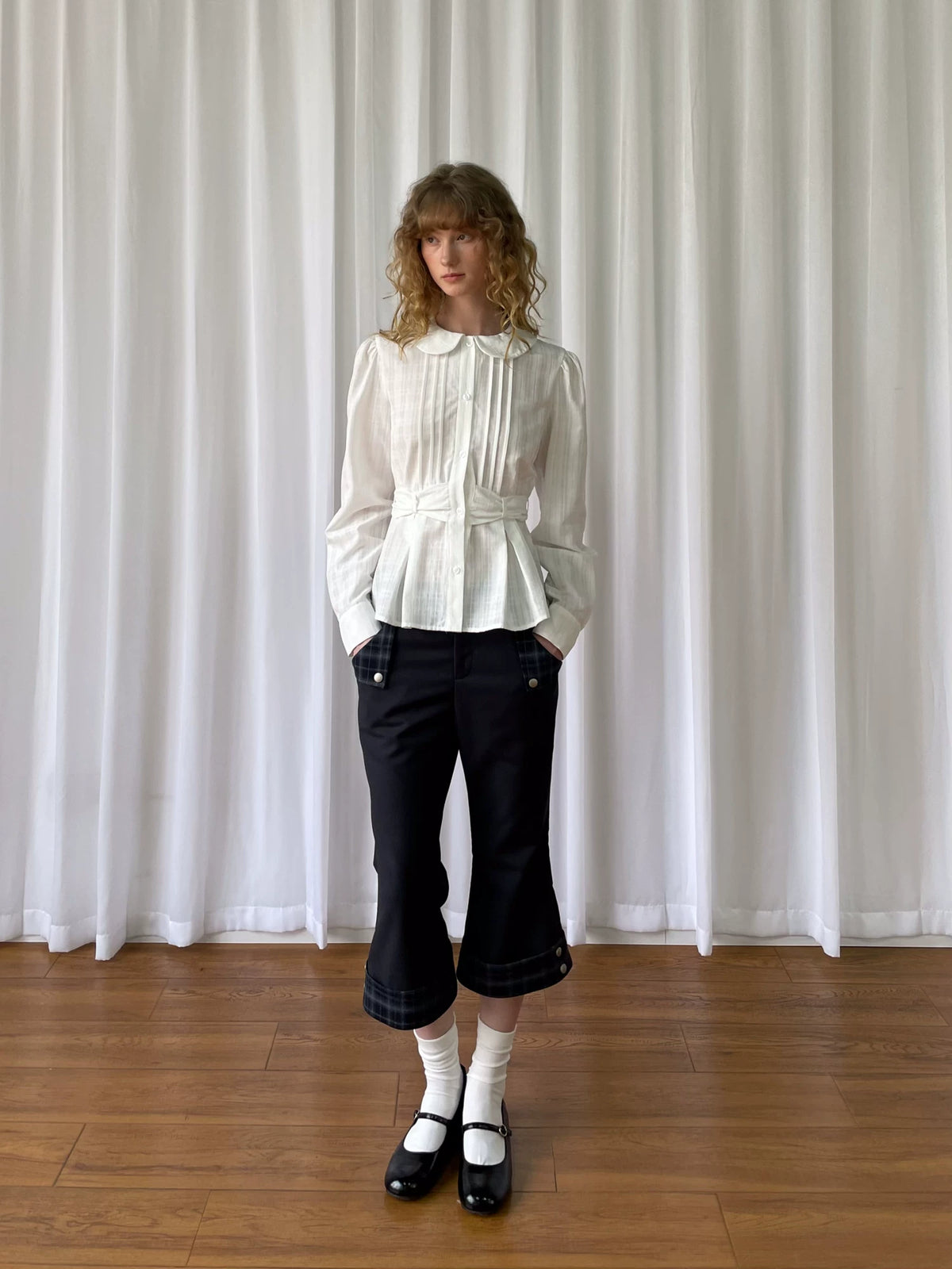 チェックカフ クロップドストレートパンツ styling 8