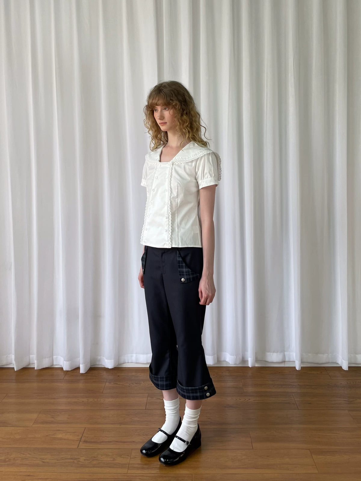 チェックカフ クロップドストレートパンツ styling 10